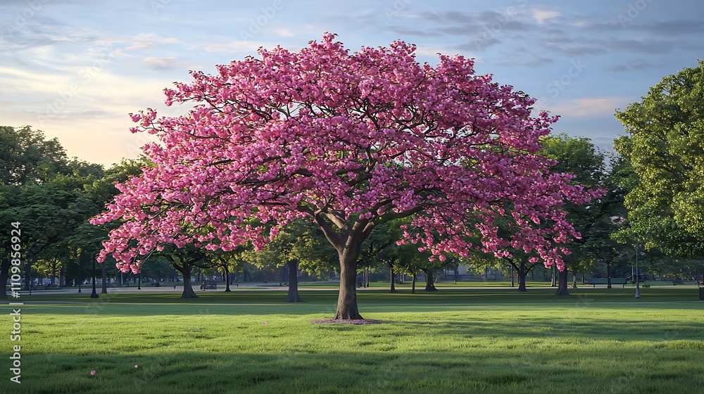 Obraz premium A vibrant pink flowering tree stands majestically in a serene park setting.