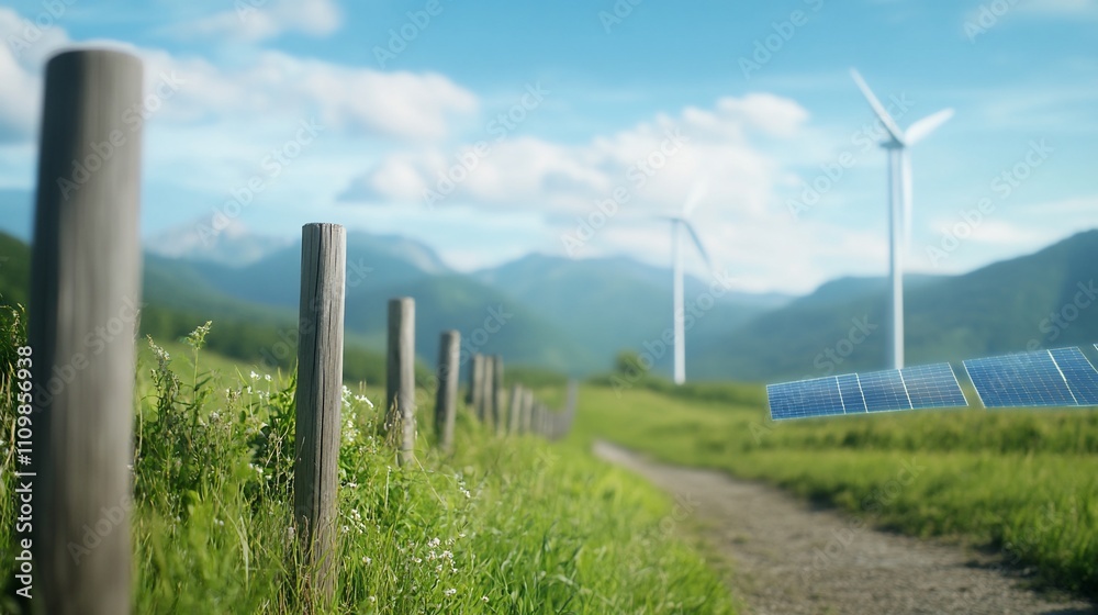 Rural path with solar panels and wind turbines in background. Rural path with solar panels and wind turbines in background.