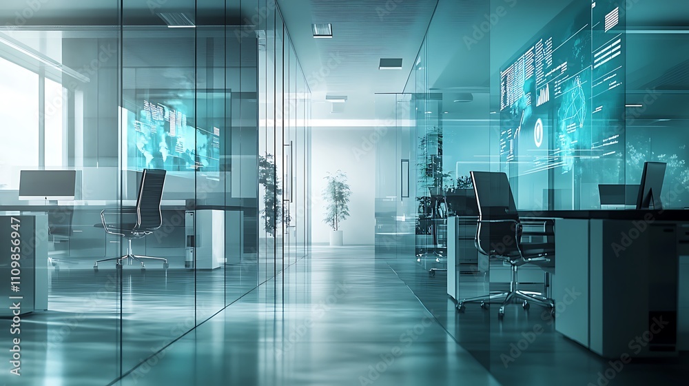 Modern glass office with futuristic holographic displays showing data analytics and network visualization.