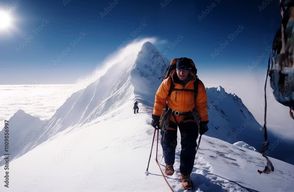 Mountaineers Climbing a Snow-Covered Peak in Bright Sunshine

