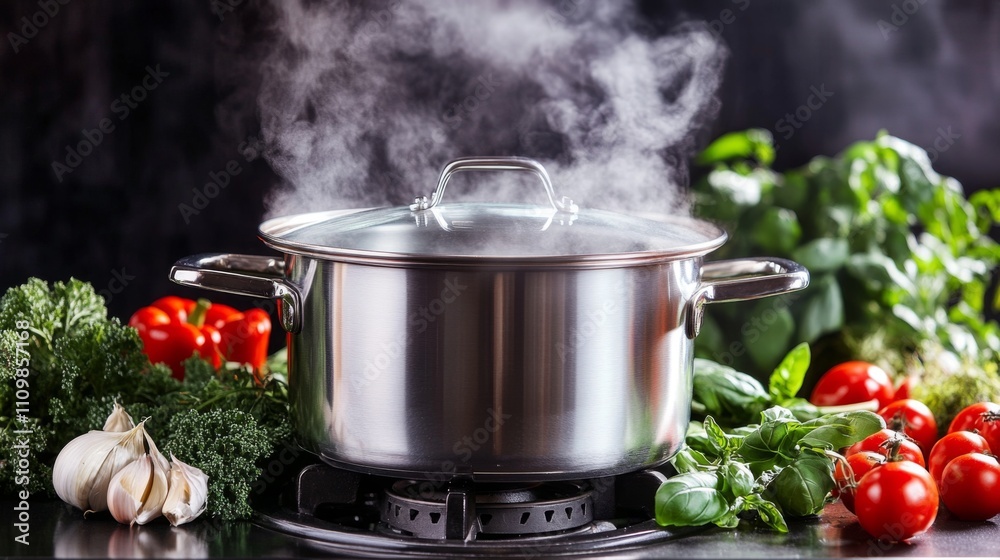 Fresh Ingredients Surrounding a Steam Pot on a Dark Kitchen Counter Fresh Ingredients Surrounding a Steam Pot on a Dark Kitchen Counter