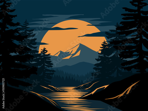 Nature landscape illustration with moon rising over mountain