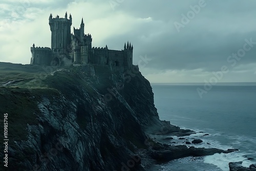 A dramatic castle perched on a rocky cliff overlooking the ocean under a cloudy sky. photo