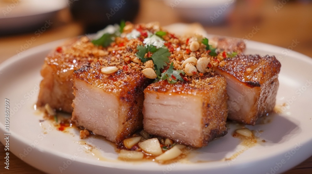 Delicious Crispy Pork Belly Garnished with Peanuts and Herbs Delicious Crispy Pork Belly Garnished with Peanuts and Herbs