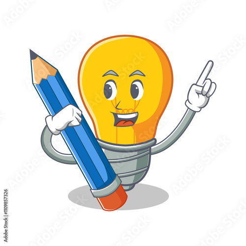 Cartoon character light bulb holding a pencil