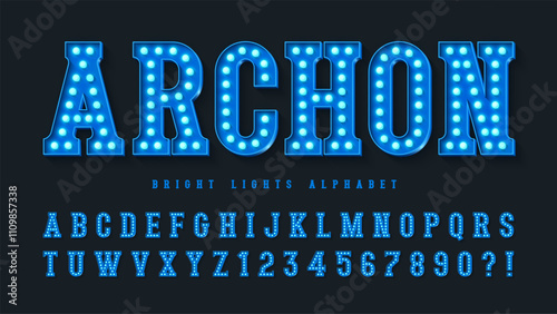 Retro cinema alphabet design, cabaret, warm lamps letters and numbers.