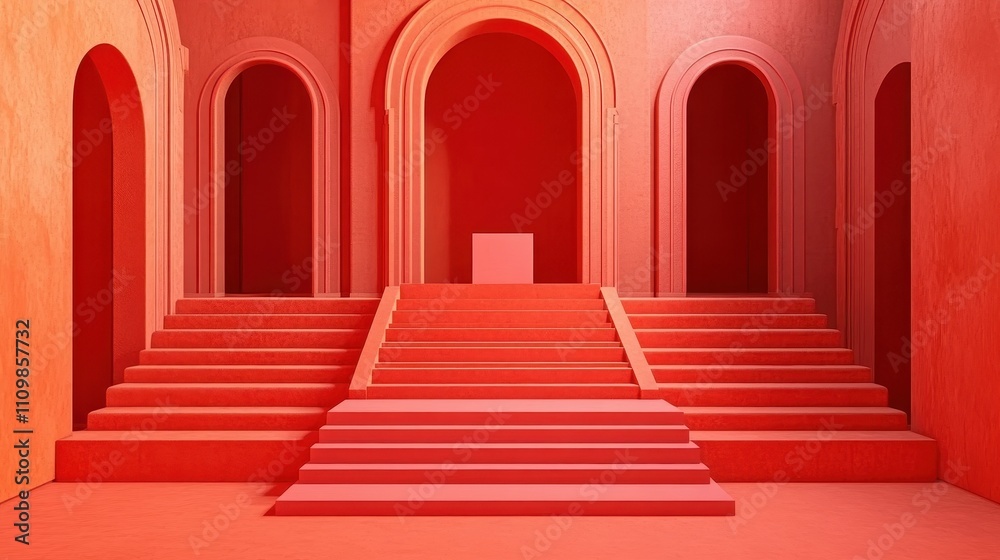 Red Architecture Staircase with Arched Doorways Red Architecture Staircase with Arched Doorways