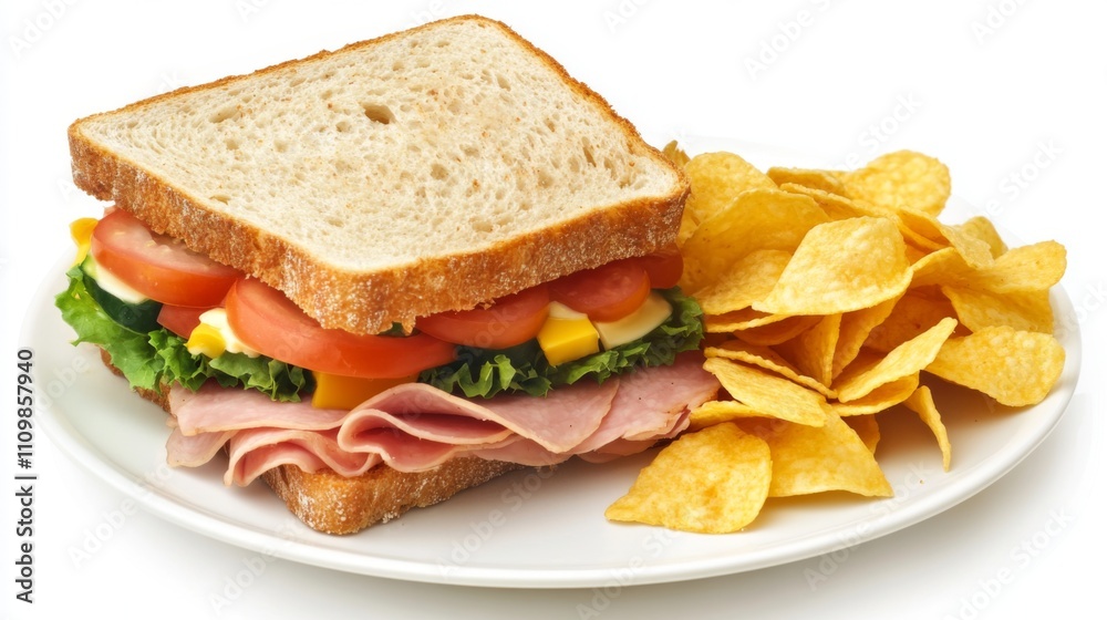 Freshly Made Sandwich with Ham, Vegetables and Potato Chips Freshly Made Sandwich with Ham, Vegetables and Potato Chips