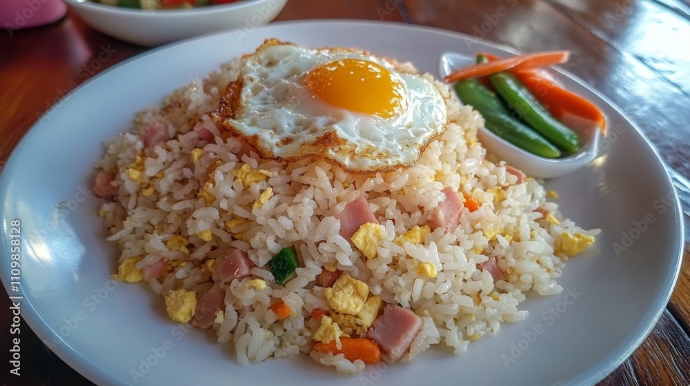 Delicious fried rice bowl with egg, vegetables, and ham side dish Delicious fried rice bowl with egg, vegetables, and ham side dish