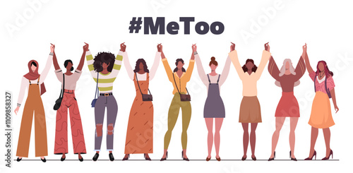 The Me Too Movement. Diverse multiracial and multicultural of young women stand side by side together and holding hands. Struggle for freedom, independence, equality. Vector Not AI generated
