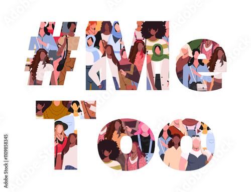  Me Too. A group of young  multiracial and multicultural of women forming word Me Too. Women vindicating their rights. Vector illustration. Not AI generated