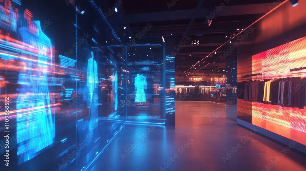 Futuristic retail space showcasing digital fashion displays. Futuristic retail space showcasing digital fashion displays.