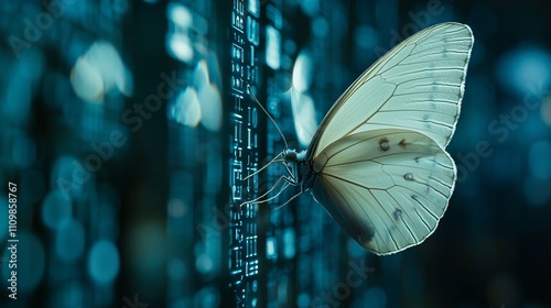 Elegant white butterfly against a backdrop of digital code. photo