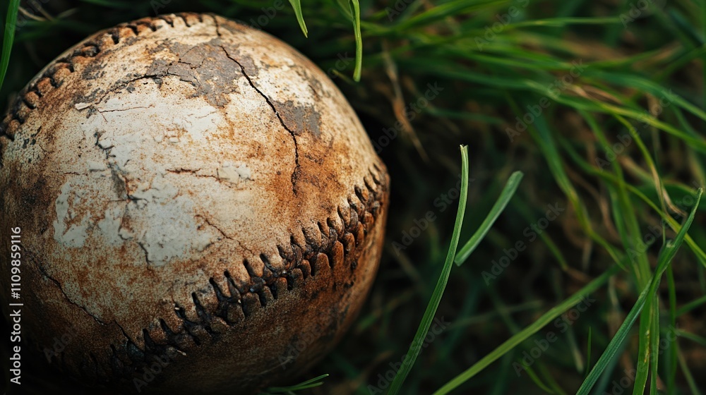 Close-up of a weathered baseball, dirt and grass background Close-up of a weathered baseball, dirt and grass background