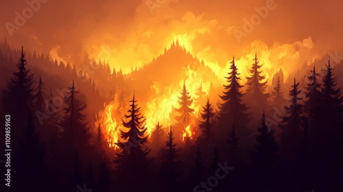 Intense Forest Fire Illuminates Trees Against a Fiery Orange Sky