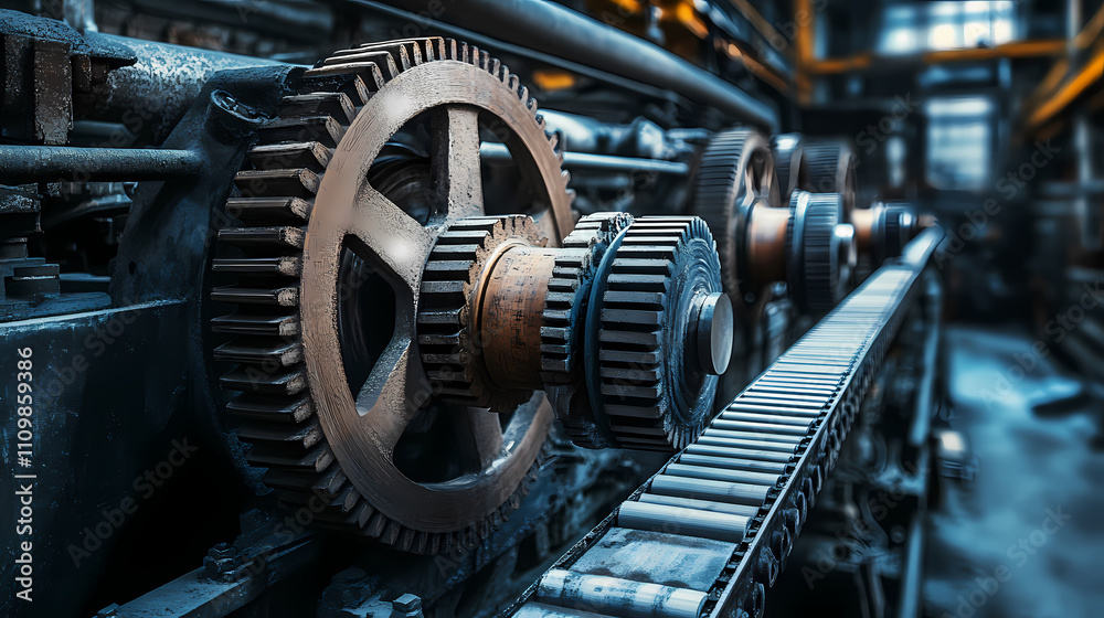 Abstract view of mechanical gears and belts in a large paper mill, papermaking machinery, industrial design. Mechanical. Illustration Abstract view of mechanical gears and belts in a large paper mill, papermaking machinery, industrial design. Mechanical. Illustration