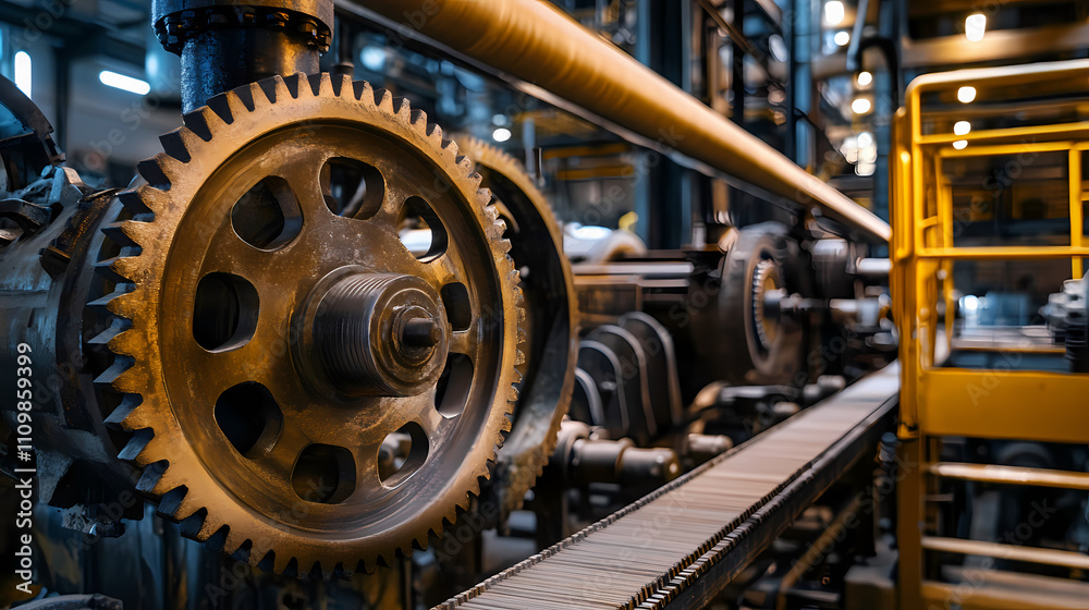 Fototapeta premium Abstract view of mechanical gears and belts in a large paper mill, papermaking machinery, industrial design. Mechanical. Illustration