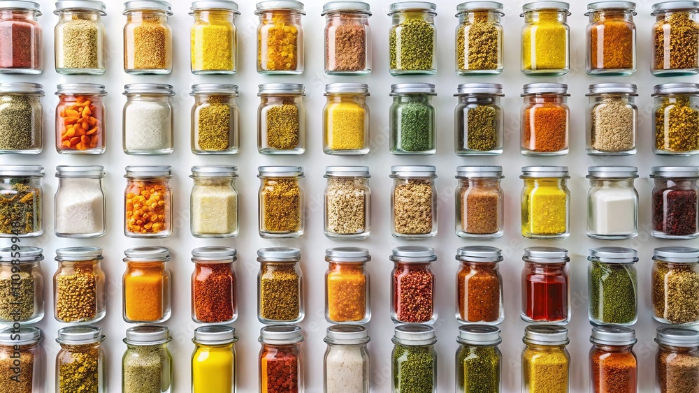 An Array of Colorful Spices in Glass Jars on a White Background An Array of Colorful Spices in Glass Jars on a White Background
