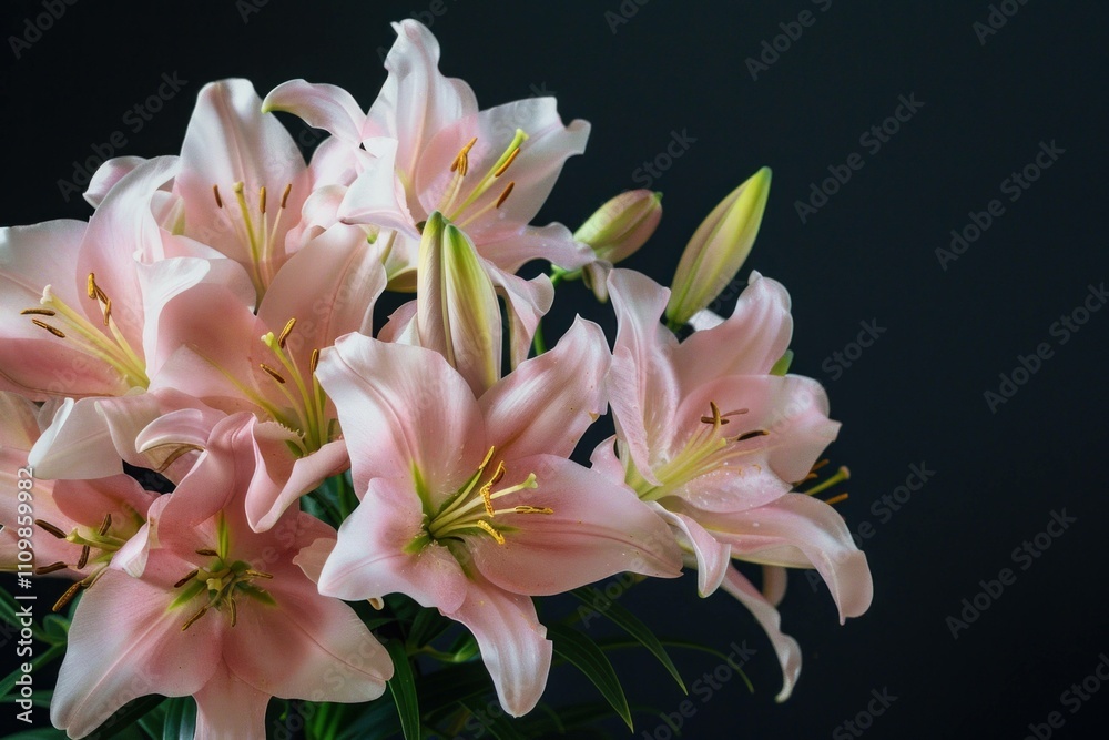 Fototapeta premium Beautiful bouquet of pink lilies with fresh green leaves against a dark background, conveying elegance and tranquility in floral arrangements.