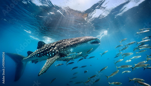 A large whale is swimming in the ocean with a school of fish swimming around it