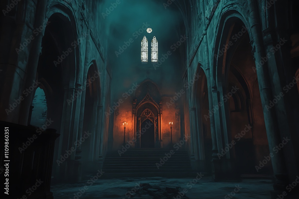 custom made wallpaper toronto digitalA dimly lit, eerie interior of a gothic cathedral with fog and glowing candles.