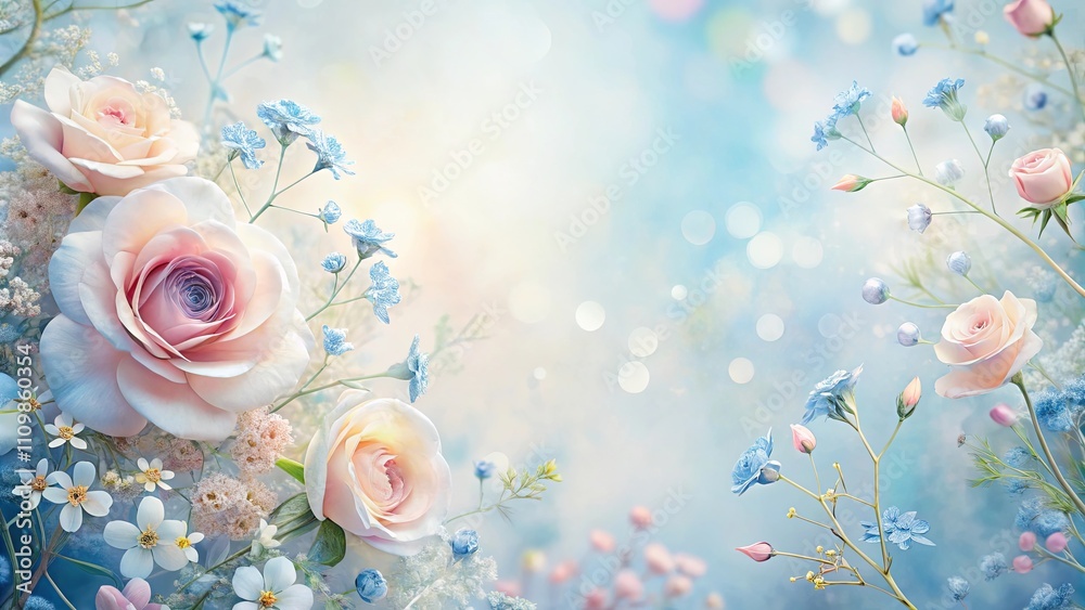 Pastel Roses and Delicate Blue Flowers on a Soft, Dreamy Background Pastel Roses and Delicate Blue Flowers on a Soft, Dreamy Background