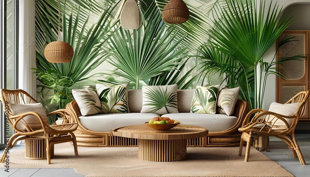 Fototapeta premium Tropical living room design with rattan furniture indoor plants modern aesthetics bright atmosphere inviting space