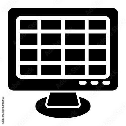 vector icon of a computer with a screen displaying a spreadsheet program, minimal illustration