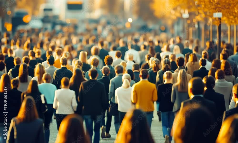 Crowd of people walking at sunset, 4K