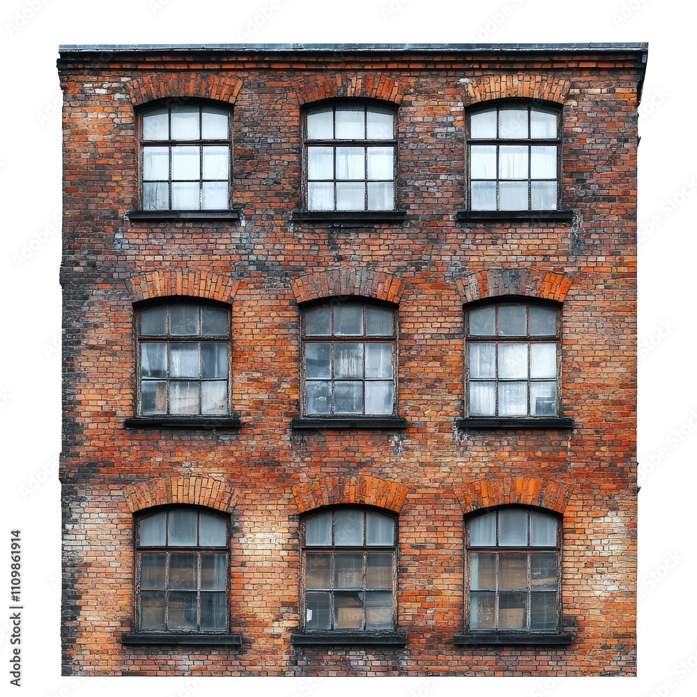 Historic brick building features large arched windows and distinct architectural elements Historic brick building features large arched windows and distinct architectural elements