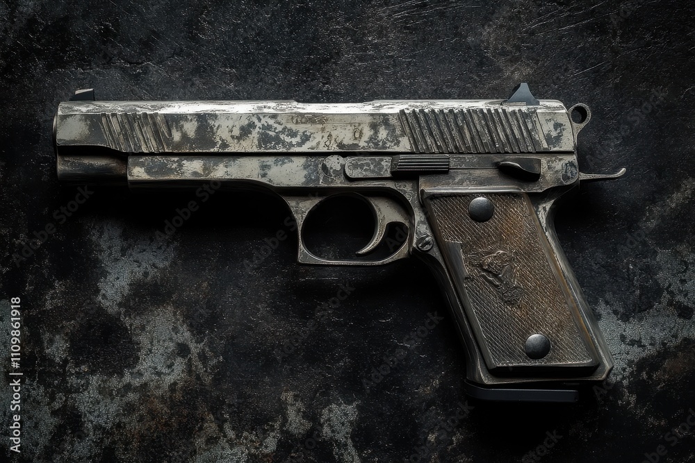 Detailed close-up of an antique pistol with intricate engravings resting on a vintage fabric background alongside a worn leather holster Detailed close-up of an antique pistol with intricate engravings resting on a vintage fabric background alongside a worn leather holster