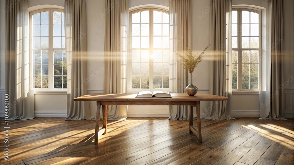 Serene Interior Design Featuring a Wooden Table, Open Book, and Natural Light Streaming Through Large Windows Serene Interior Design Featuring a Wooden Table, Open Book, and Natural Light Streaming Through Large Windows