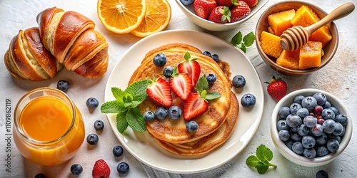 Wallpaper Mural Delicious and healthy breakfast with pancakes, fruit, and pastries Torontodigital.ca