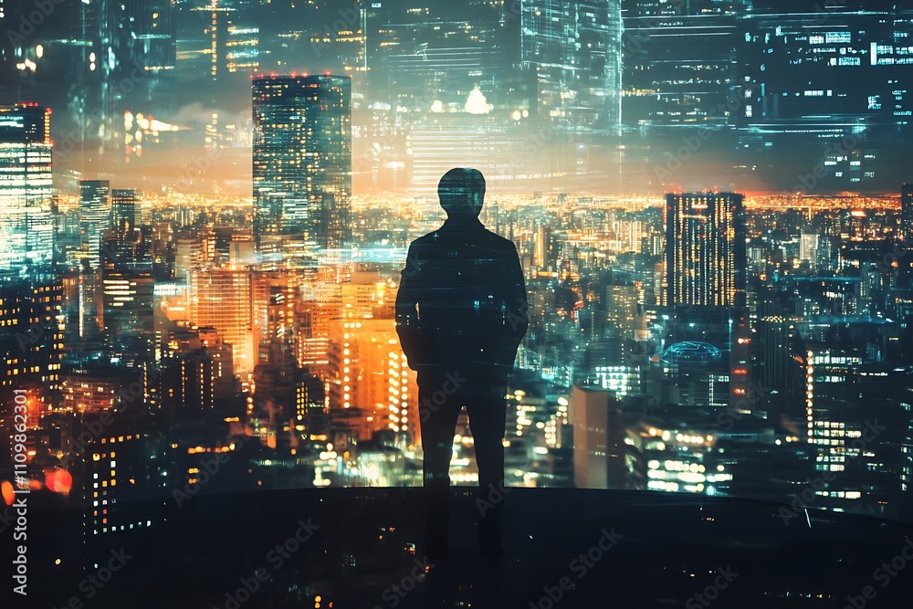 Cityscape with digital overlay and a man. Concept of futuristic technology and urban life. Cityscape with digital overlay and a man. Concept of futuristic technology and urban life.