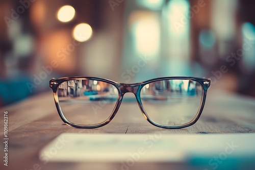 Stylish eyeglasses on a wooden table. Concept of vision, clarity, and focus.