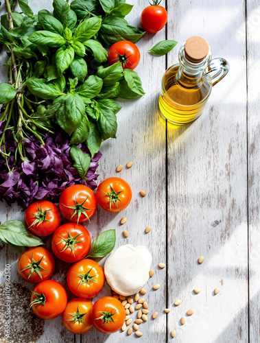 Fresh ingredients for caprese salad with tomatoes and basil, culinary delight