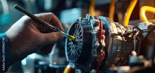 close-up of a technician repairing and maintaining a car's AC machine