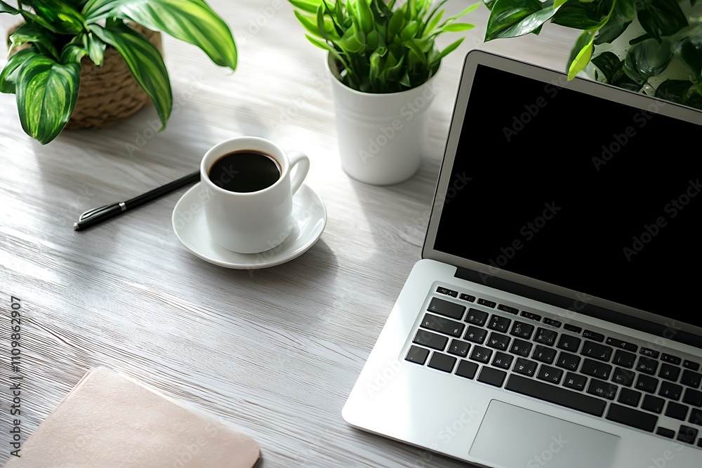 Modern workspace with laptop, coffee, and plants. Concept of productivity, work from home, and relaxation. Modern workspace with laptop, coffee, and plants. Concept of productivity, work from home, and relaxation.