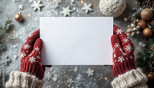 Two hands in knit gloves or mittens holding a blank white card 5x7 A2 A7 greeting card for christmas or winter holiday envelope stationery for graphic design mockup