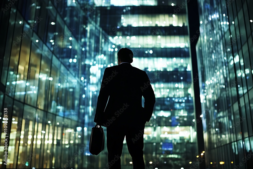 Businessman contemplating future in illuminated city. Concept of ambition, leadership, and success. Businessman contemplating future in illuminated city. Concept of ambition, leadership, and success.