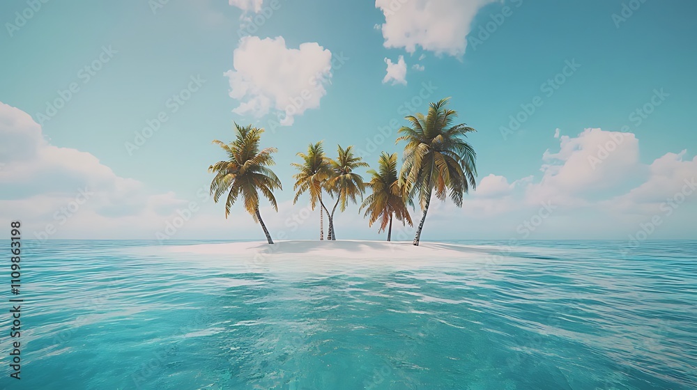 Fototapeta premium A small island with palm trees and a white sandy beach in a clear blue ocean under a bright summer sky.