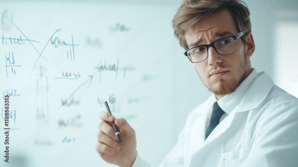 Scientist analyzing data on whiteboard with thoughtful expression Scientist analyzing data on whiteboard with thoughtful expression