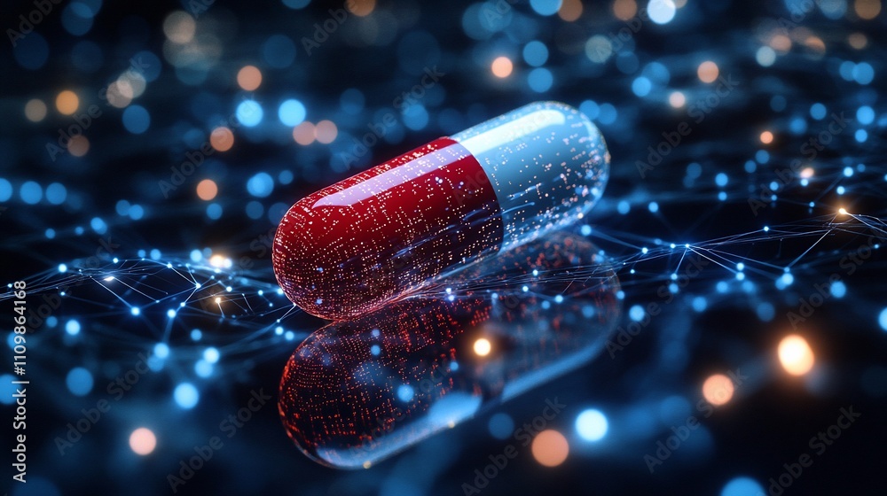 Transparent capsule with red and white particles on a digital network background. Transparent capsule with red and white particles on a digital network background.