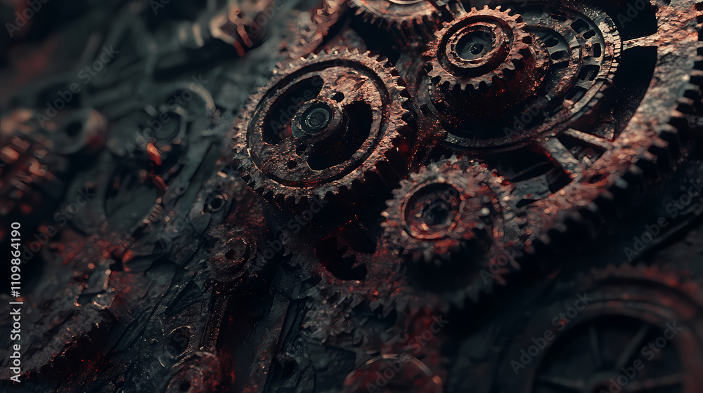 A close-up of intricate, rusted gears and cogs, showcasing mechanical complexity. Mechanical. Illustration A close-up of intricate, rusted gears and cogs, showcasing mechanical complexity. Mechanical. Illustration