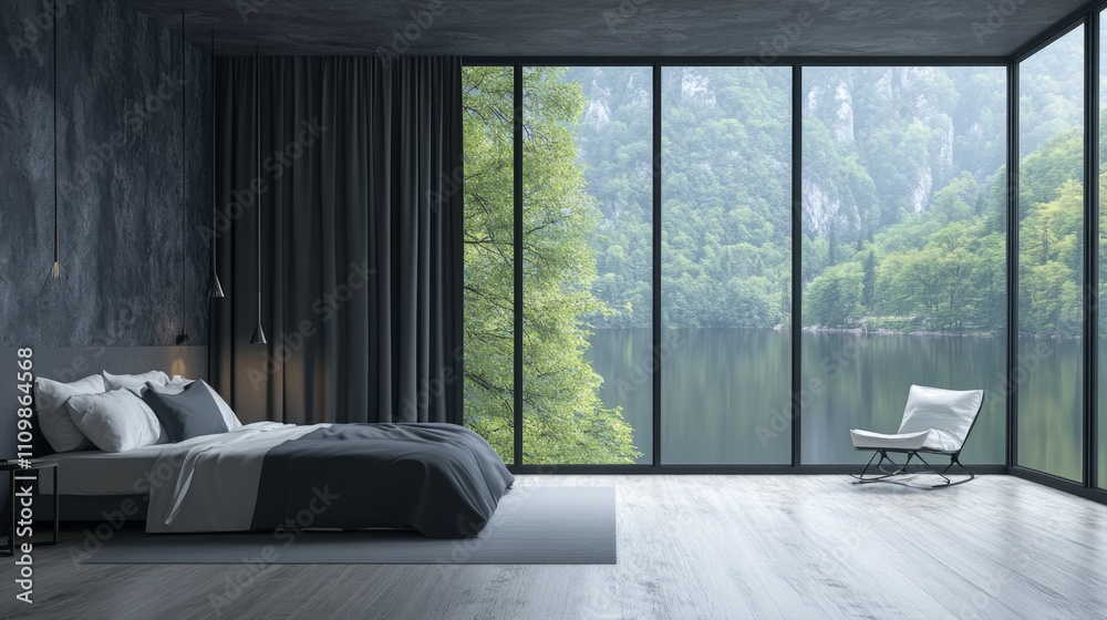 Fototapeta premium Modern Bedroom with Scenic View of Lake and Forested Mountains