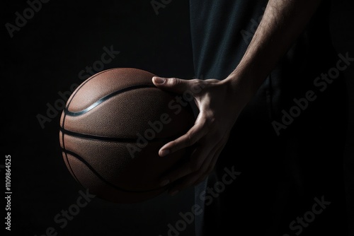 Dramatic Close up of Basketball Player s Hand Holding Ball photo