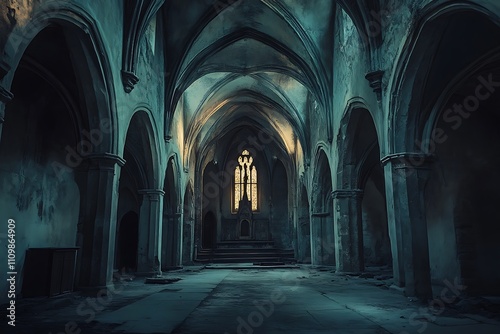 A dark, abandoned interior of a gothic-style building with arched ceilings and a stained glass window.