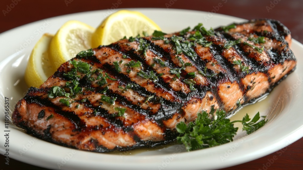 Grilled Salmon Steak with Lemon Slices and Fresh Herbs Garnish Grilled Salmon Steak with Lemon Slices and Fresh Herbs Garnish