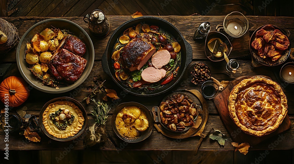 A rustic autumn food spread with pumpkin dishes, roasted meats, seasonal pies, and decorative autumn leaves on a wooden table A rustic autumn food spread with pumpkin dishes, roasted meats, seasonal pies, and decorative autumn leaves on a wooden table