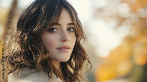 Portrait of a young woman with wavy brown hair, soft gaze, and blurred autumn background. Natural light, fair complexion, light coat, calm vibe.